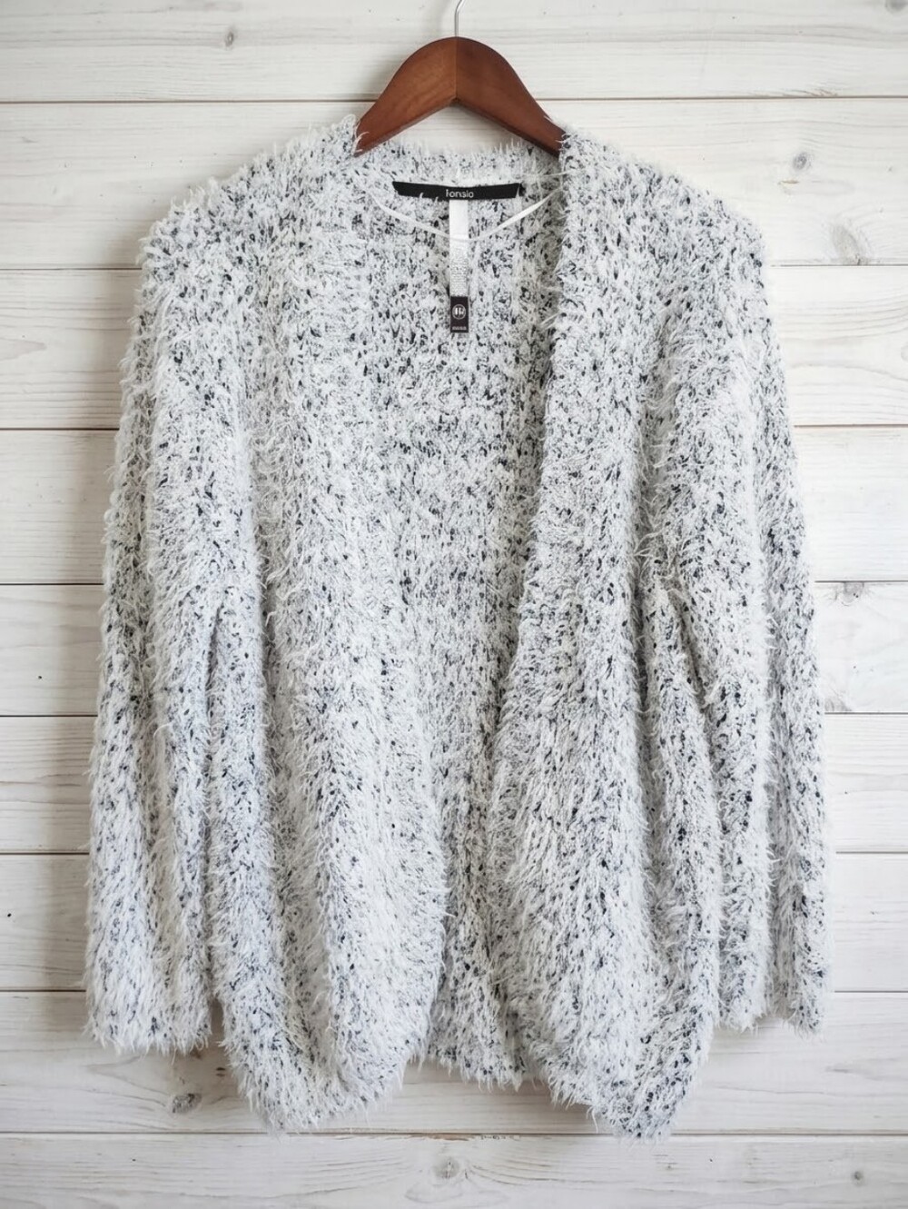 Kensie Open Front Fuzzy Eyelash Knit Cardigan Sweater Grey Black Women's Medium